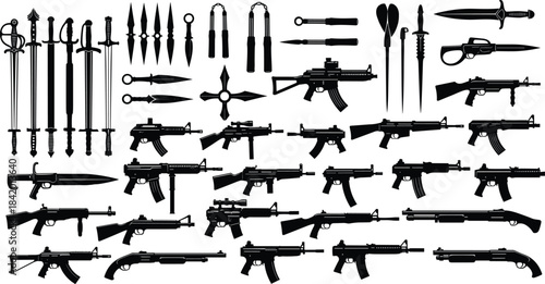 Black Silhouette Set of Modern Firearms Rifles Submachine Guns Swords Knives and Combat Tools Vector Illustration for Military and Action Design