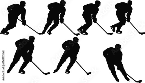 Black Silhouette Set of Ice Hockey Players Skating and Stickhandling Poses Action Sport Athlete Vector Illustration for Team Logo and Game Branding
