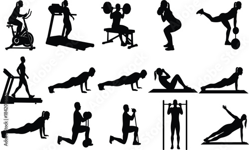 Black Silhouette Set of People Exercising in a Gym, Showing Various Cardio, Strength, and Bodyweight Fitness Workouts on a White Background Vector.