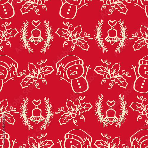 Christmas seamless pattern with snowman, holly berry and mistletoe.