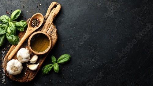 Fresh ingredients for Italian cooking rest on a wooden board.