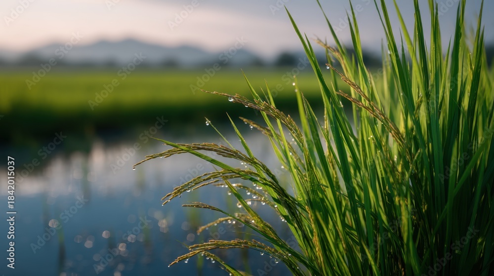 Obraz premium Emerging Rice Plants with Dewdrops over Still Water Background