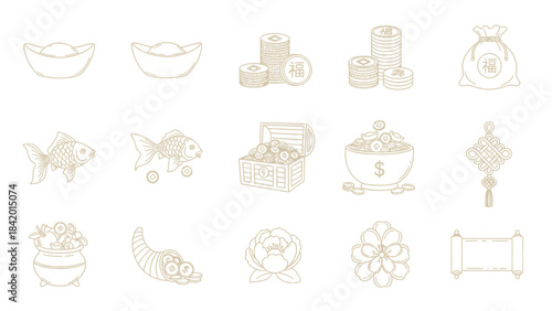 Elegant collection of outline vector icons representing traditional Chinese New Year prosperity and good fortune symbols, perfect for festive designs and cultural celebrations