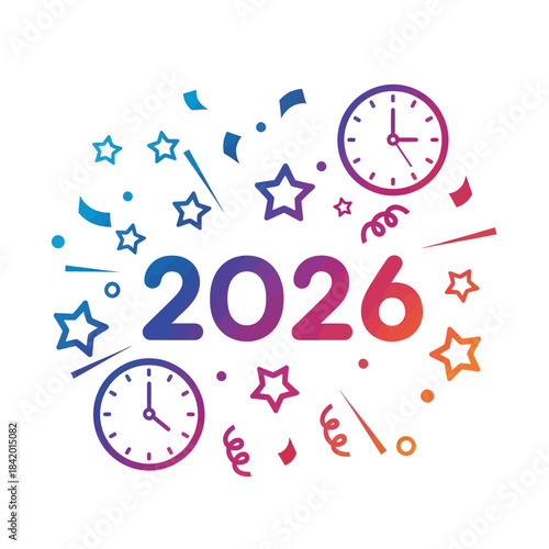 Energetic 2026 New Year Celebration Graphic with Confetti Burst, Sparkling Stars, and Dynamic Clock Elements, Capturing Anticipation and Joy for the Future
