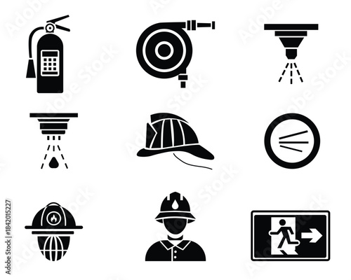 Fire safety and firefighting equipment icon set. Vector glyph pictograms of a fire extinguisher, hose, sprinkler, smoke detector, helmet, and emergency exit sign.