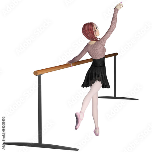 Cute Red Haired Ballerina at the Ballet Barre, 3d digitally rendered illustration