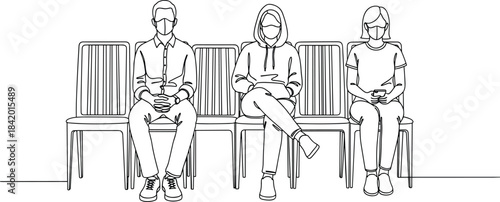 Continuous Line Drawing Three People Sitting Chairs Wearing Face Masks Social Distancing Waiting Room Coronavirus Prevention
