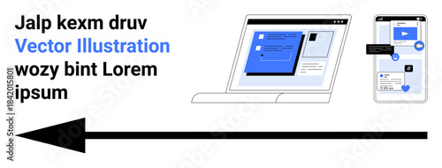 Business communication, online messaging, digital tools, teamwork flow, technology exchange, connectivity. Laptop and smartphone with messaging screens and a directional arrow. Online messaging