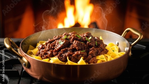 Pasta or Stew in a Copper Pan over a Fireplace