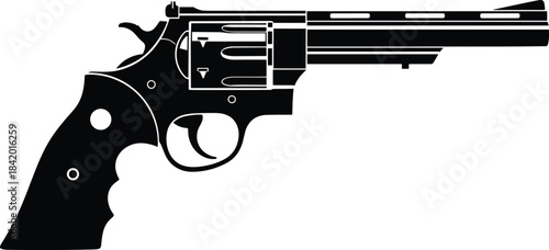 Black Silhouette of a Large Vintage Revolver Handgun with a Long Barrel and Cylinder, Isolated Vector Illustration for Weapon, Crime, and Law Enforcement Concepts