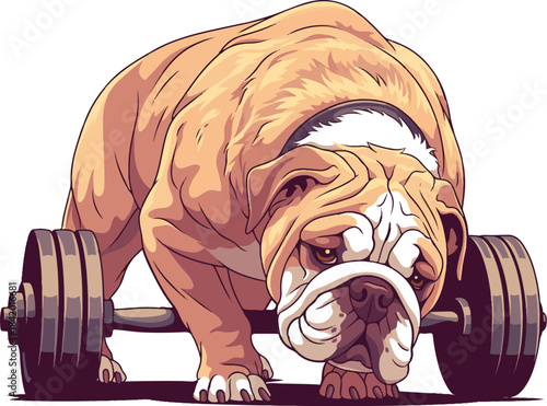 Strength Unleashed: A determined bulldog powerfully lifts a heavy barbell, embodying unwavering strength and focus in a display of physical prowess.