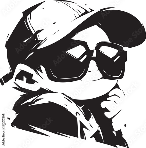 Urban Style in Silhouette: A cool individual in a cap and shades embodies urban style, captured in a striking monochrome illustration. 