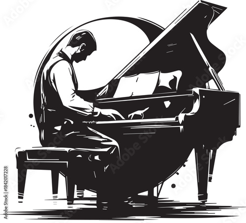 Piano Performance Silhouette: A lone pianist, lost in the music, performs a captivating piece on a grand piano, surrounded by an artistic flair.