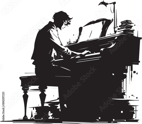Melodic Maestro: A silhouette of a pianist deeply immersed in a musical performance, a classical scene of notes.