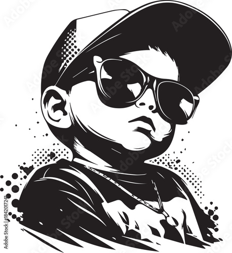 Cool Kid with Sunglasses: Capturing the essence of urban youth fashion, a young boy confidently rocks sunglasses and a cap, embodying the cool spirit of street style. 