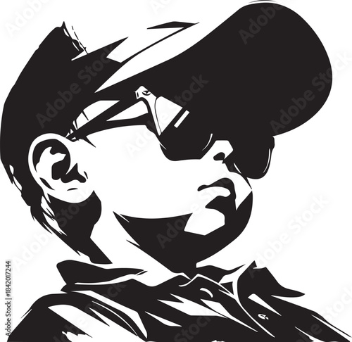 Cool Kid Silhouette: A stylized black and white silhouette of a cool kid confidently sporting a baseball cap and sunglasses.