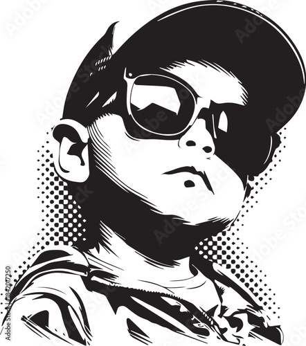 Cool Kid Portrait: A monochrome portrait of a cool kid confidently sporting a cap and sunglasses, exuding an air of self-assuredness and a touch of attitude.