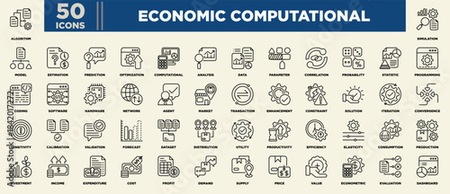 Economic Computational Icon Set Line Black