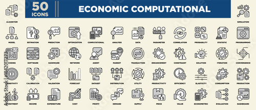 Economic Computational Icon Set Black Grey