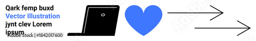Digital communication, remote work, online sharing, connectivity, data transfer, teamwork. A black laptop next to a blue heart and arrows. Digital communication and connectivity concept