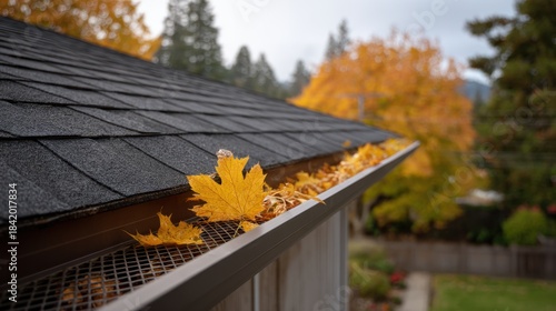 Autumn Leaves Clogged in Gutter Mesh Filter After Harvest Season