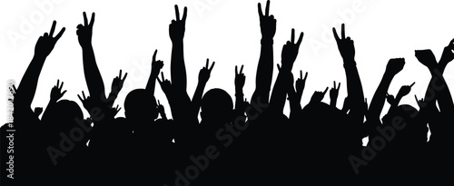 Black Silhouette of Large Cheering Crowd with Hands Raised Making the V-Sign or Peace Sign, Isolated Vector Illustration for Concert, Event, and Celebration Concepts