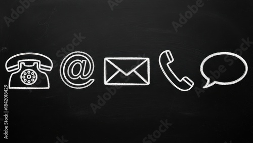 Chalkboard illustration displaying various communication methods: phone, email, message and speech