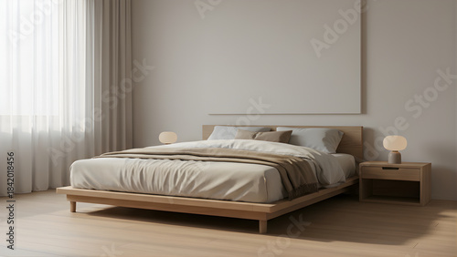 Minimalist Japandi Bedroom Mockup Collection with Empty Wall and Natural Light. Serene Interior Design Background
