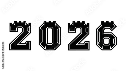 Bold 2026 typography with decorative castle top elements on white background