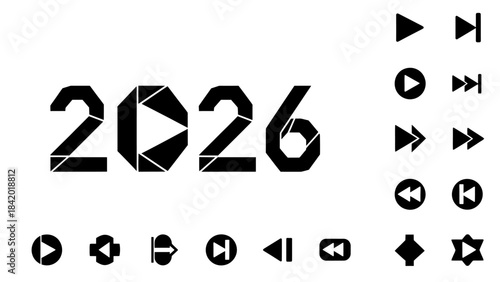 Abstract geometric design with media play and forward symbols on white