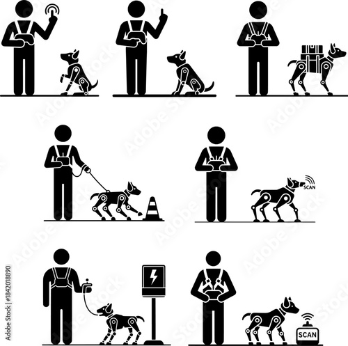 Man Controlling and Training Robotic Dog Vector Icons Set