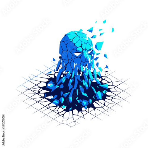 A fragmented blue geometric human head emerges from a cracked digital surface, symbolizing mental breakdown, data corruption, or artificial intelligence.