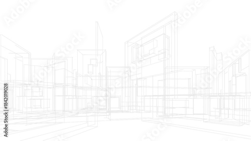 Abstract wireframe architectural drawing of a modern city skyline with multiple buildings outlined in light grey lines against a white background, suggesting a blueprint or conceptual design.
