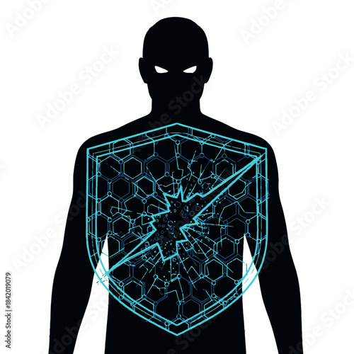 A dark human silhouette with glowing eyes reveals a futuristic hexagonal shield in its chest, dramatically shattering, symbolizing a critical breakdown of inner defense.