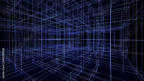Abstract blue grid lines forming a complex three-dimensional network in a dark digital space.