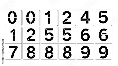 Black stencil numbers on white rectangular blocks for visual organization