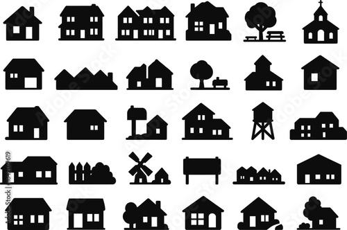 30 Neighborhood and Community Solid Black Silhouette Icons Set on White Background