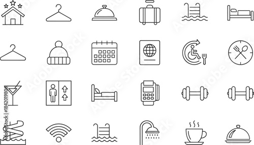 Hotel and Travel Amenities Line Icons Set, Vacation Leisure Activities, Outline Symbols for Accommodation and Resort Services