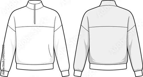 Long sleeve pullover technical sketch, front and back view, zipper collar, ribbed cuffs, fashion flat drawing, sweatshirt design template