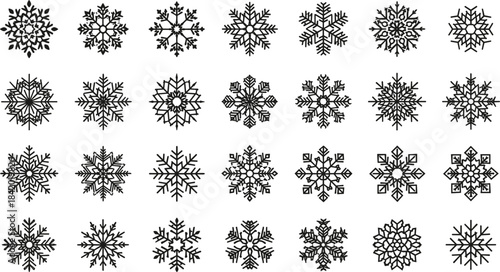 Outline Snowflake Icons Set, Diverse Linear Black and White Snow Flake Symbols for Christmas, Winter Holiday Decoration, Simple Vector Collection