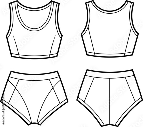 Sports Bra Crop Top and High Waist Shorts Underwear Technical Fashion Flat Sketch, Front and Back View Outline Template, Apparel Vector