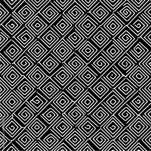 Black and white geometric spiral pattern design with a hand drawn feel and artistic style usage