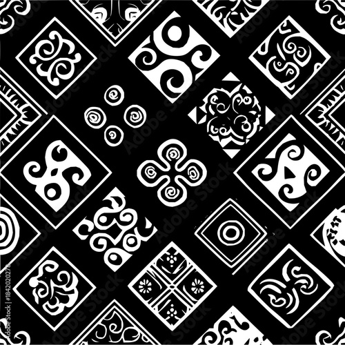 Abstract geometric pattern in black and white with repeating square tile designs art 100 char