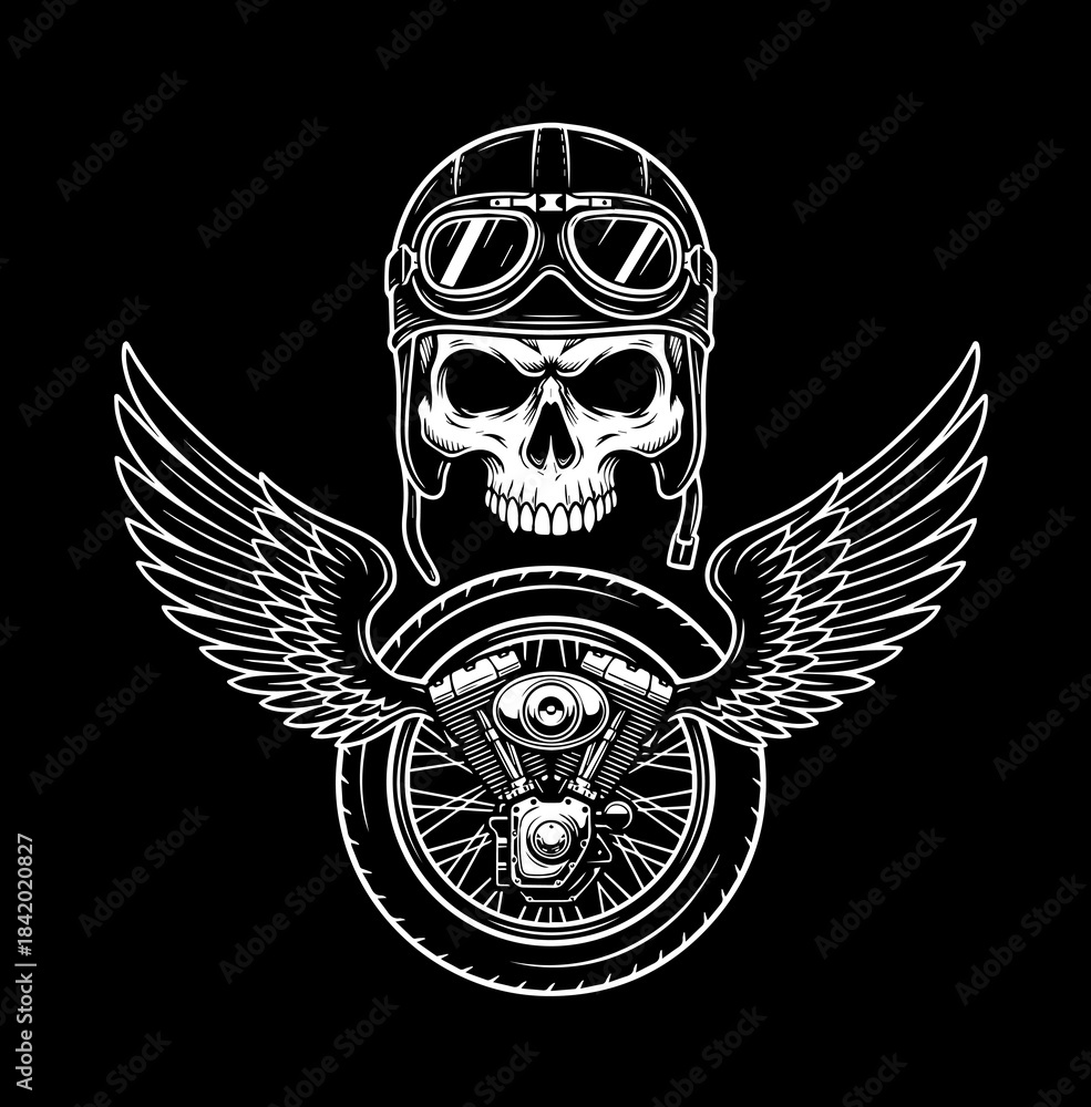 Fototapeta premium Biker Skull with Vintage Helmet and Goggles Motorcycle Club White Vector Illustration for T-Shirt Design.
