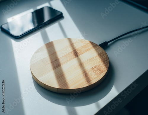 Round bamboo wireless charger pad mockup with smartphone on white table
