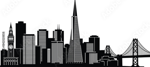 Black Silhouette of San Francisco City Skyline with Transamerica Pyramid, Ferry Building Clock Tower and Bay Bridge, Isolated Vector Illustration for Travel and Urban Concepts