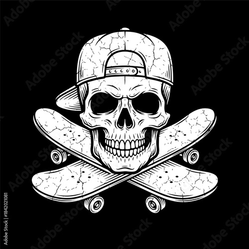 Urban Skater Skull with Cap and Crossed Skateboards White Vector Scratchboard Art for T-Shirt Design.