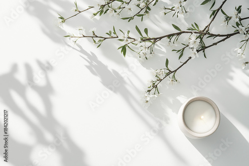 Spring Blossoms with Candle on Minimal White Background