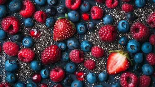 Fresh Mixed Berries with Chia Seeds in Healthy Food Flat Lay