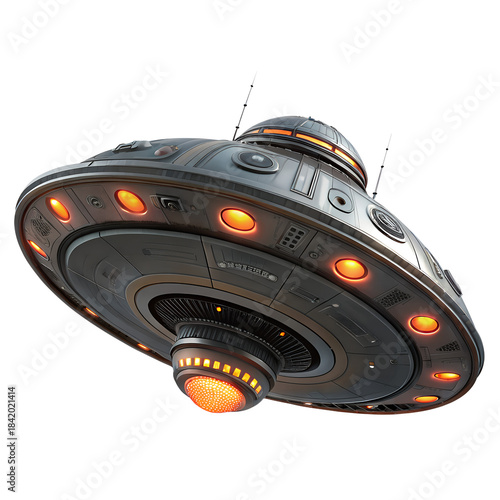 Futuristic Flying Saucer with Glowing Orange Lights and Metallic Sci-Fi Design